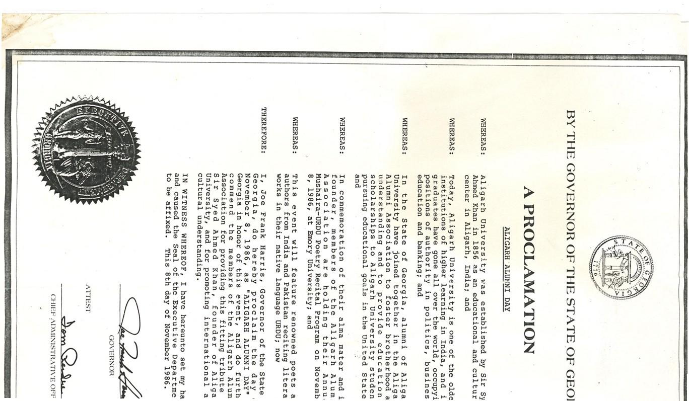 First page of Aligarh Alumni Day Proclamation